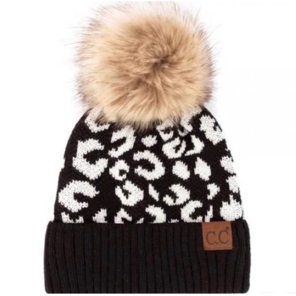 1 LEFT! C.C. Knit Pom Beanie With Leopard Print Women’s Warm Winter Hat - Picture 5 of 5
